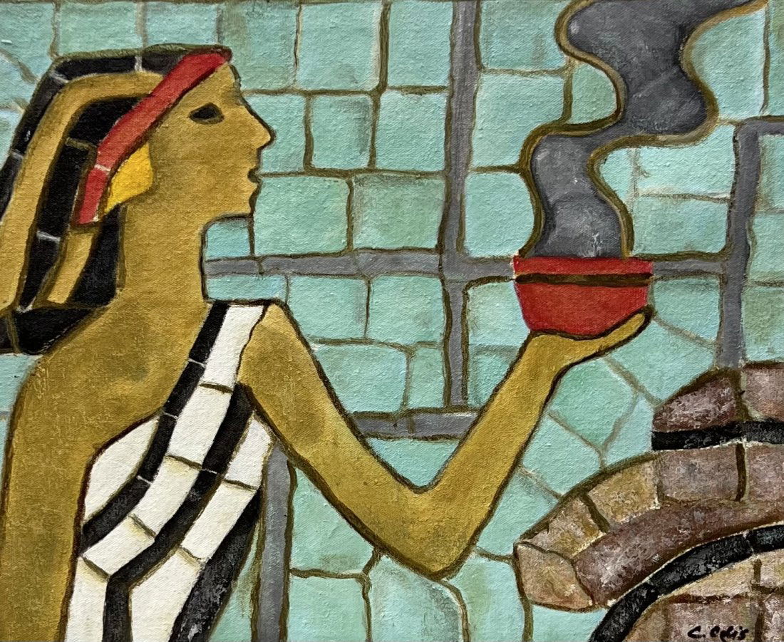 Vintage Mexican Cubist Painting Mayan Motif, Signed (1 of 3)