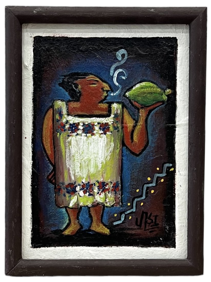 Mexican Modernism, Signed Vintage Painting: Oil on board 7 x 5 in