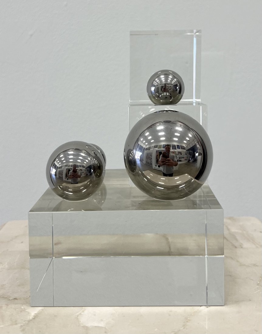 Contemporary Geometric Glass & Metal Sculpture: Size 7 x 5 1/2 x 4 3/4 in