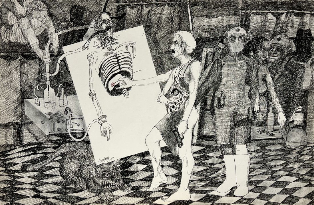 JOSE MARIO ANSALONE (B. 1943, Argentina) Dark Surrealism: Ink on paper 32.5 x 22 in. Ansalone is a figurative painter in the "Francis Bacon" style. With a long career spanning over 50 years represented by established galleries worldwide.