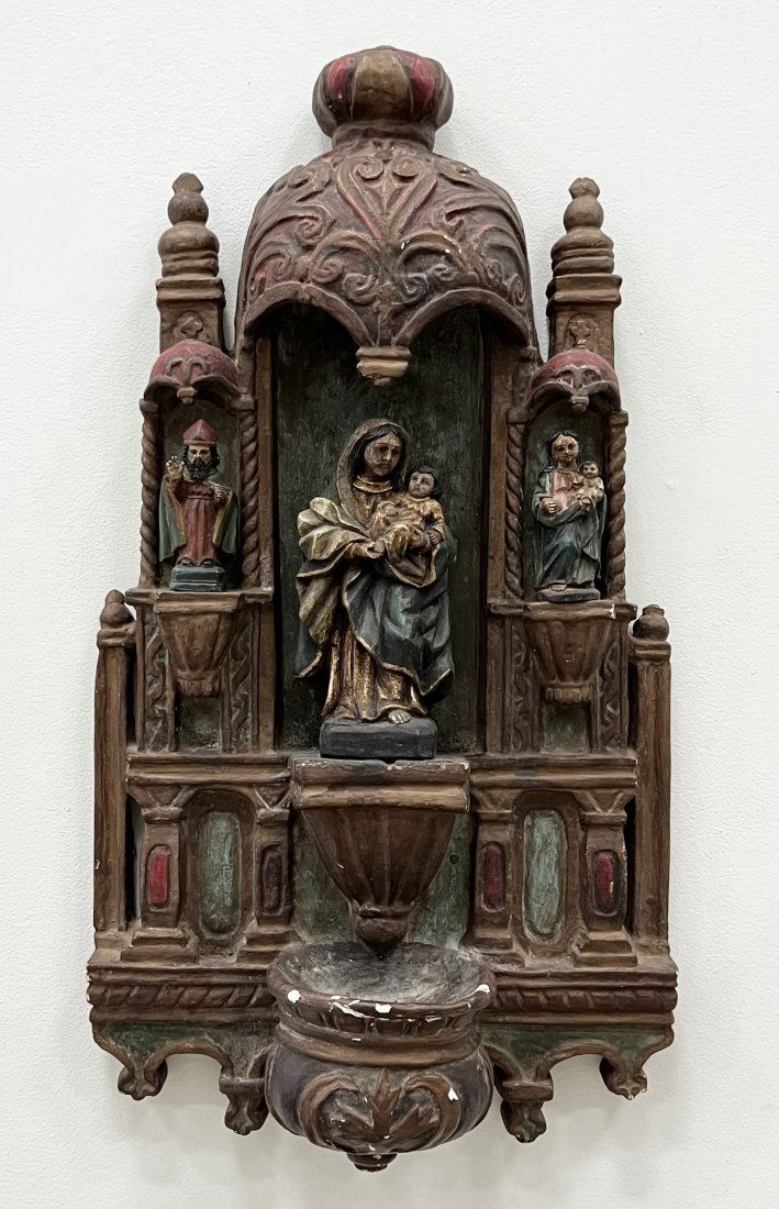 Antique Polychromed Wood Mexican  Retablo Of Virgin Mary Jesus & Joseph (1 of 6)