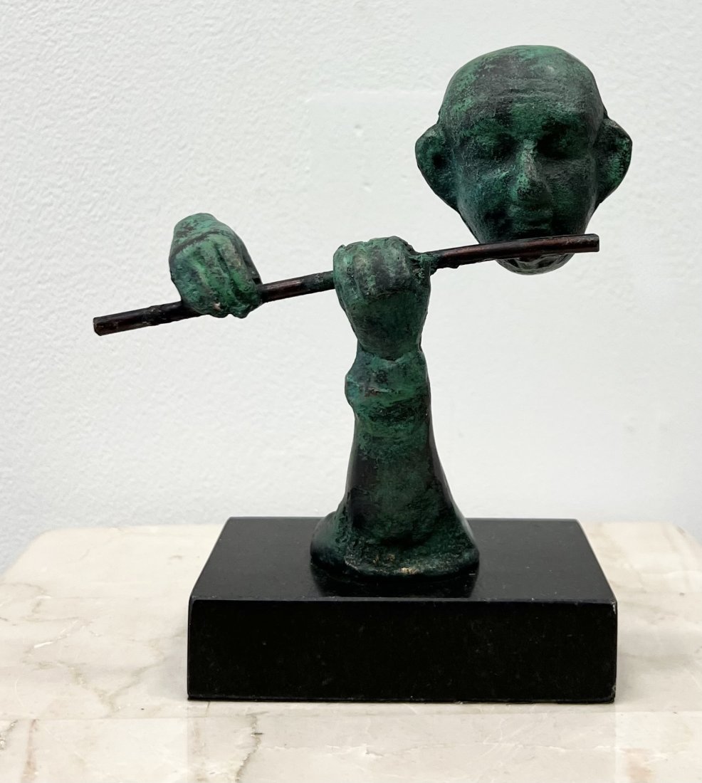 Modernist Musical Bronze Sculpture Figure Playing A Flute: Size 7 x 6 x 3 in
