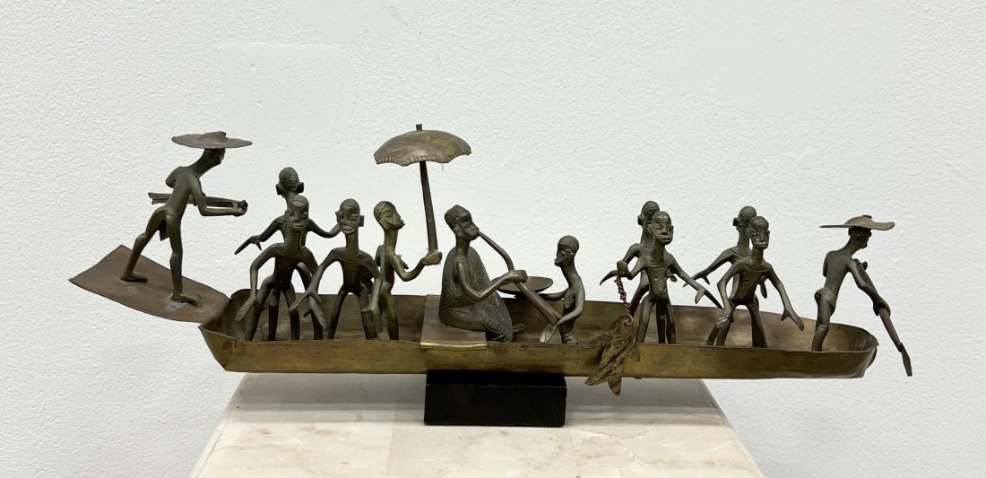 Vintage African Exile Boat Sculpture: Brass 16 x 6 x 3 in