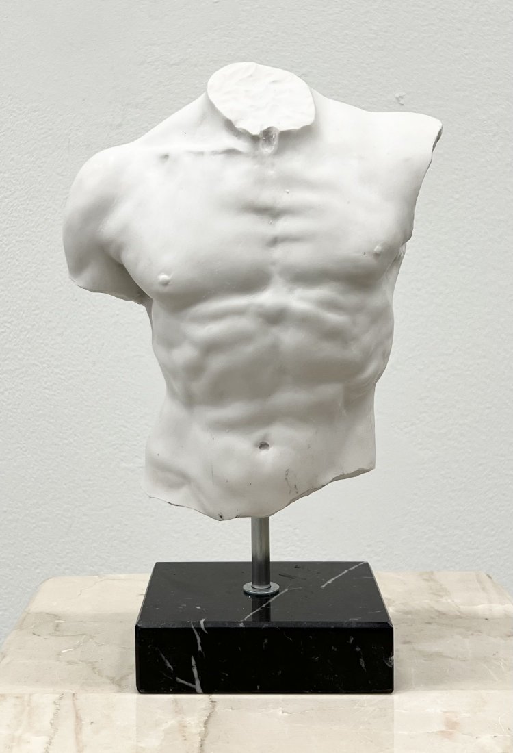 Signed Nude Male Sculpture: Size 10 x 7 x 3.5 in. Appears to be some type of composite