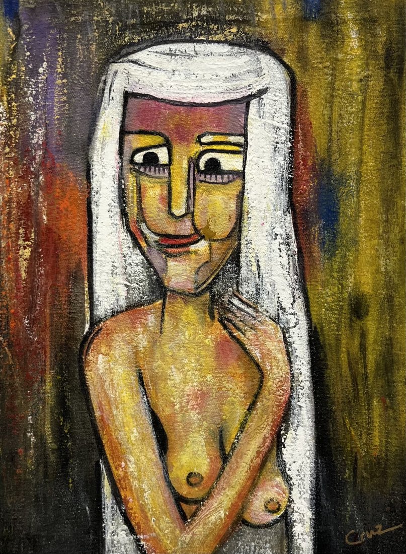 Mexican Nude Painting, Signed: Acrylic on canvas 13.5 x 10 in