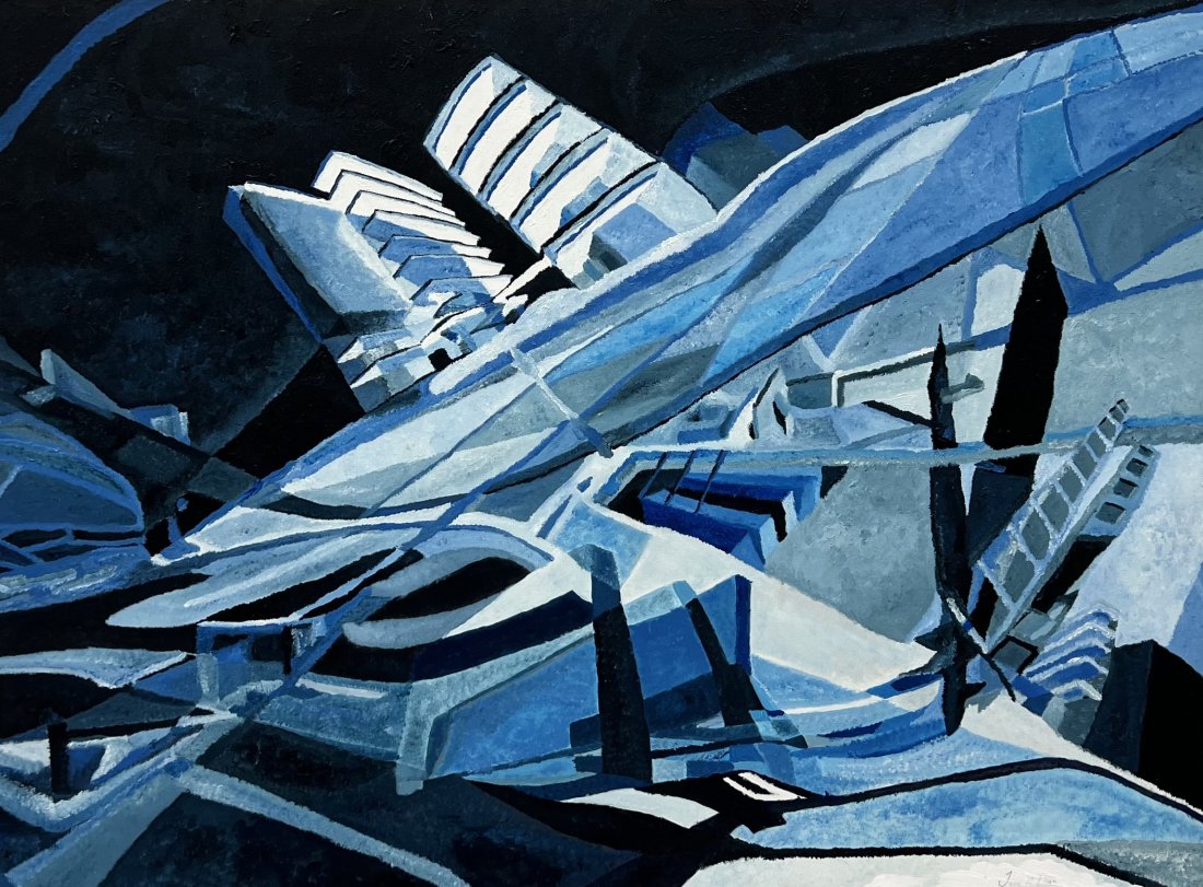 Modern Futuristic Abstract Painting, Signed: Acrylic on canvas 40 x 30 in