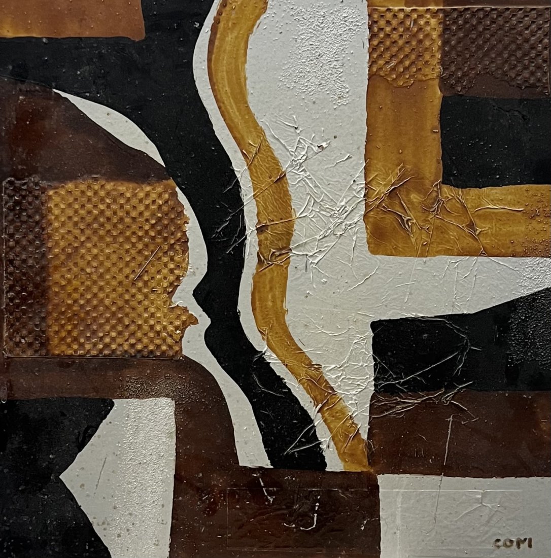 Mid-Century Modern Abstract Painting: Mixed media on masonite 18 x 18 in