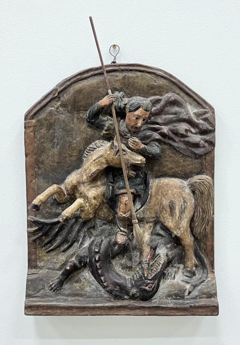St. George Carved Mexican Santos Wall Sculpture From A Church: Size 19.5 x 15.5 x 2.5 in