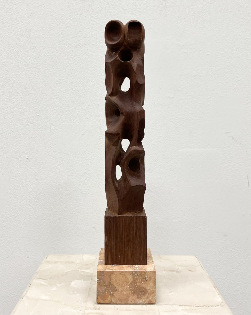 Vintage Carved Wood Cuban Modernist Sculpture On Marble Base: 13.5 x 3 x 3 in