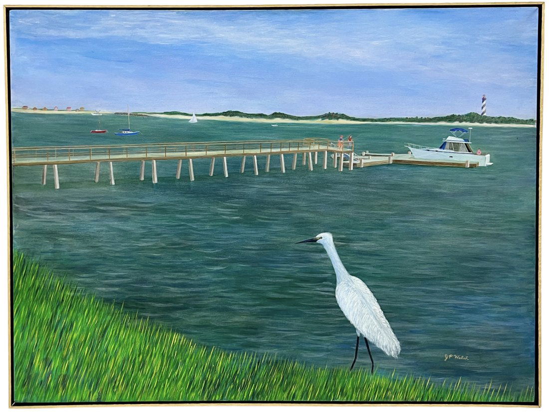 JP WALSH, Large Naive Florida Landscape Painting Salt Run St. Augustine (1 of 3)