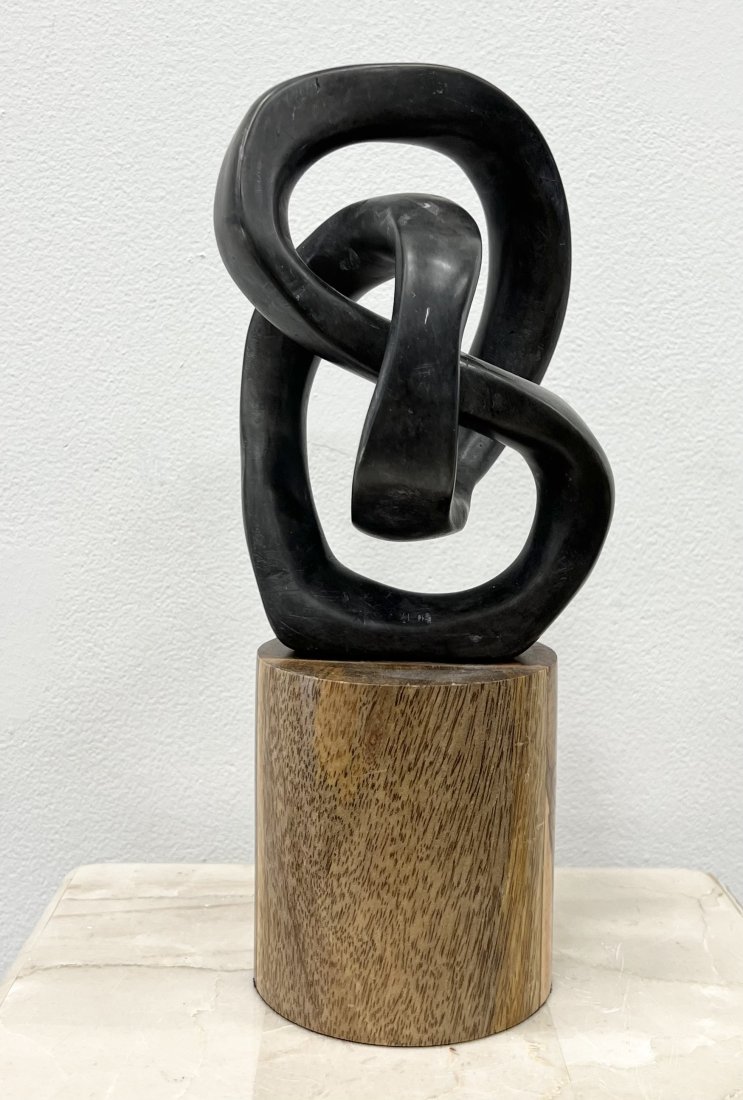 Contemporary Modernist Metal Sculpture On Wood Base: Size 11 x 5 in