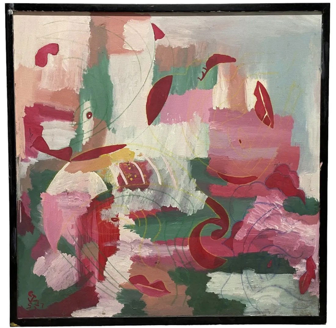 Vintage Abstract Painting Dated 1993, Signed Illegibly Artist Unknown (1 of 3)