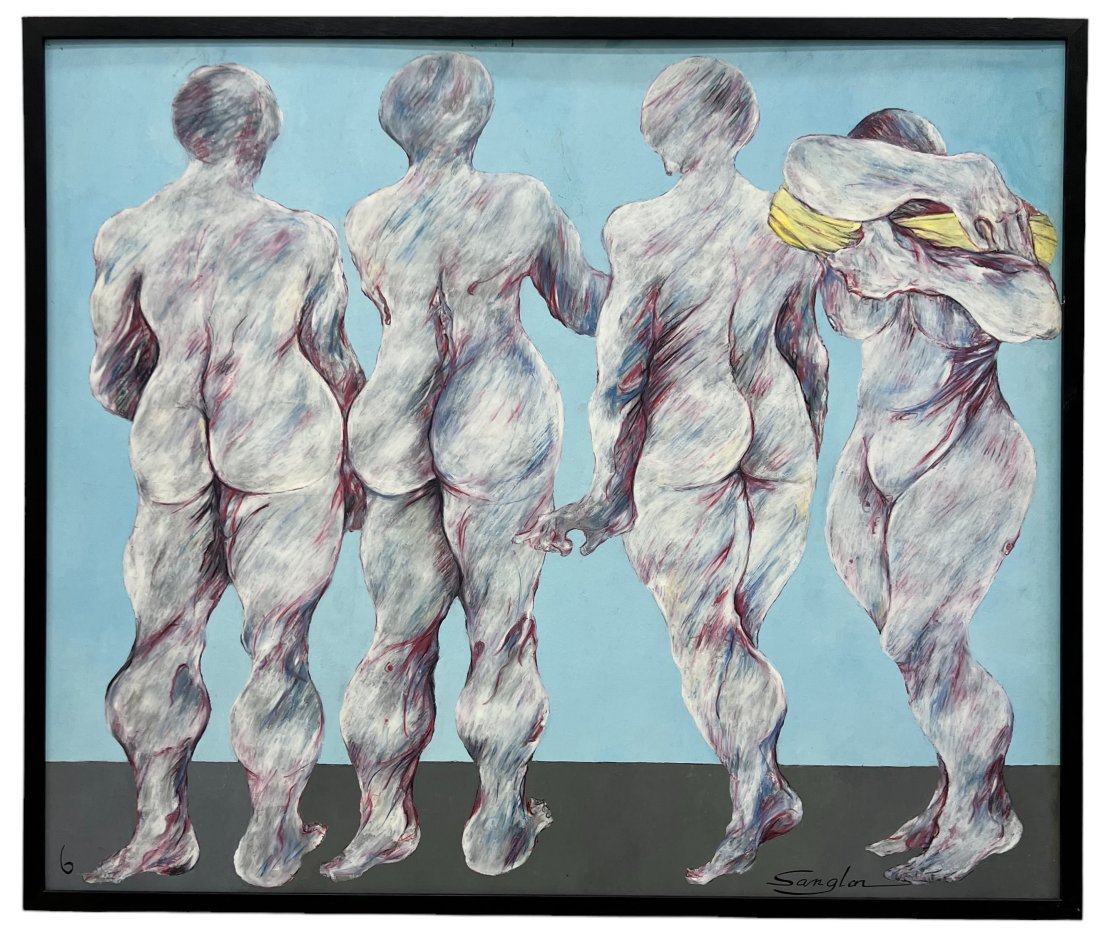 JEAN SANGLAR (1926-1996, France) Figures: Oil on board 59 x 50 in (framed)