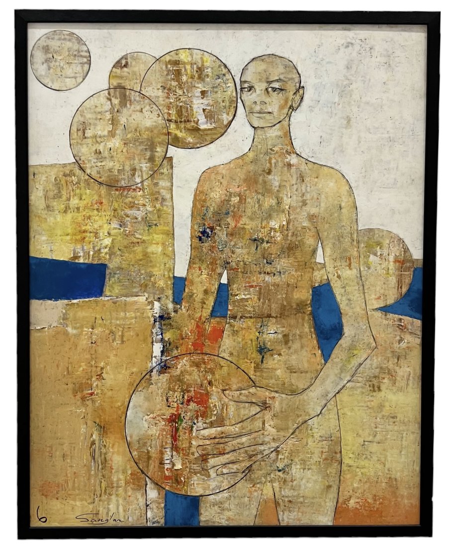 JEAN SANGLAR (1926-1996, France) Male Figure, Surrealist: Oil on board 50 x 40 in (framed)