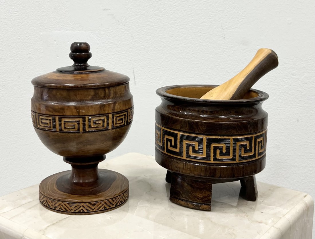 Greek Key Mexico, Mortar and Pestle, Lidded Vase: Size 6 x 5 in approx