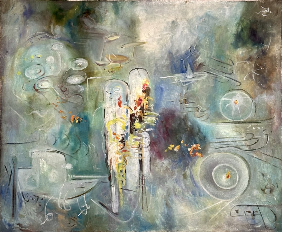 Vintage Abstract Painting Signed: Oil on canvas (un-stretched) 19 x 23.25 in