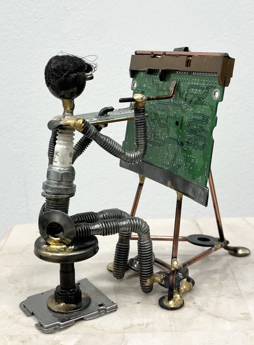 Mexican Folk Art Mixed Metal Artist Signed Sculpture Folk Art, Artist In Studio: Mixed metal 6 x 5 x 4 in