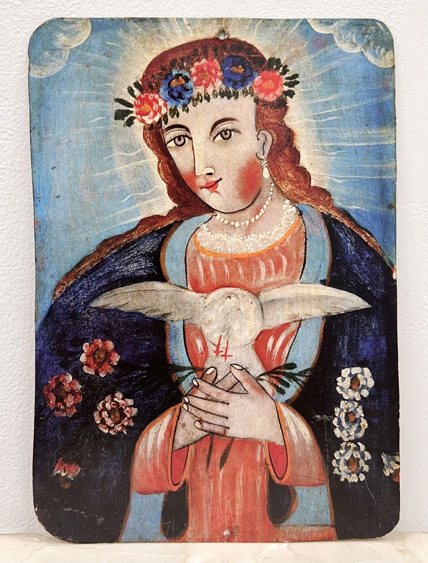Mexican Retablo Painting Of Virgin Mary Signed Verso (1 of 2)