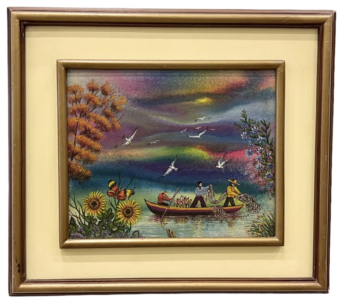 Vintage Mexican Folk Art Painting, Fishermen On Boat In Lake, Signed: 15.5 x 12.5 in, 24 x 21 in (framed)
