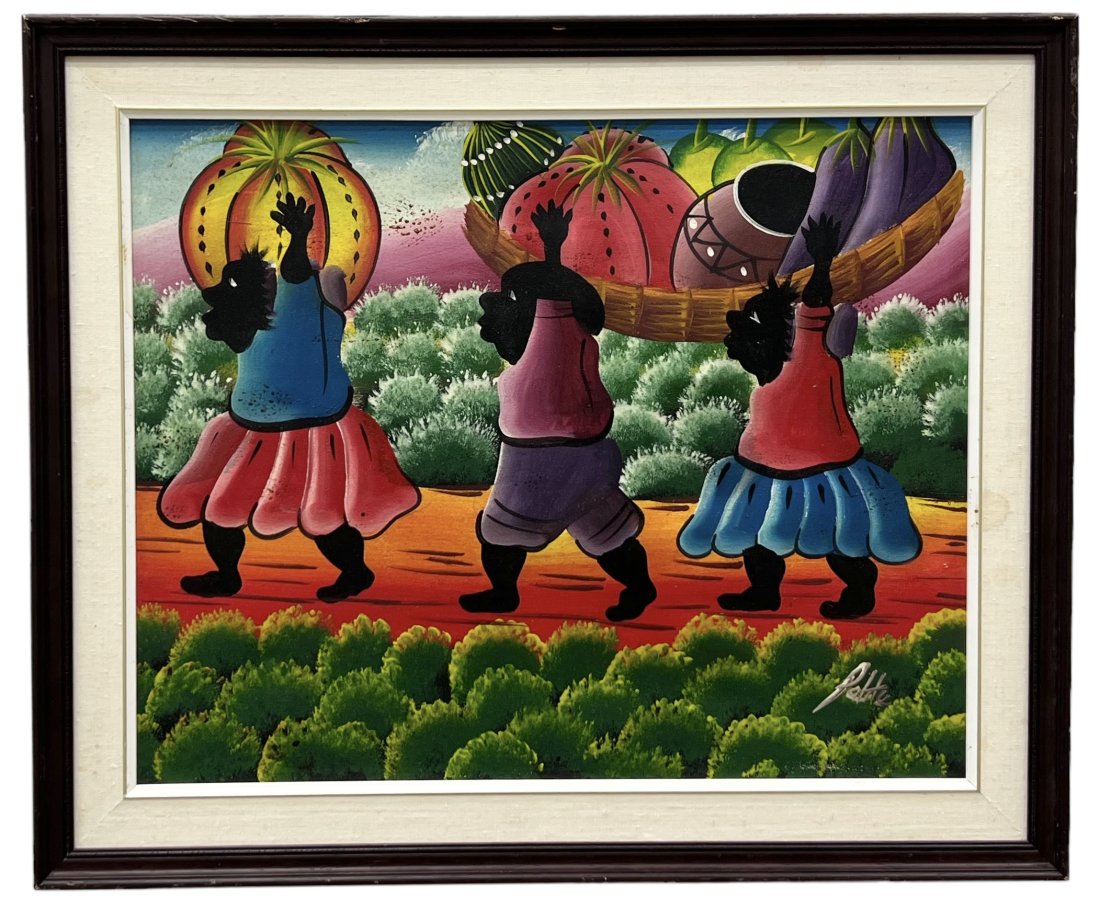 Vintage Naive Haitian Folk Art Painting, Signed: 22 x 18 in, 27 x 22.5 in (framed)