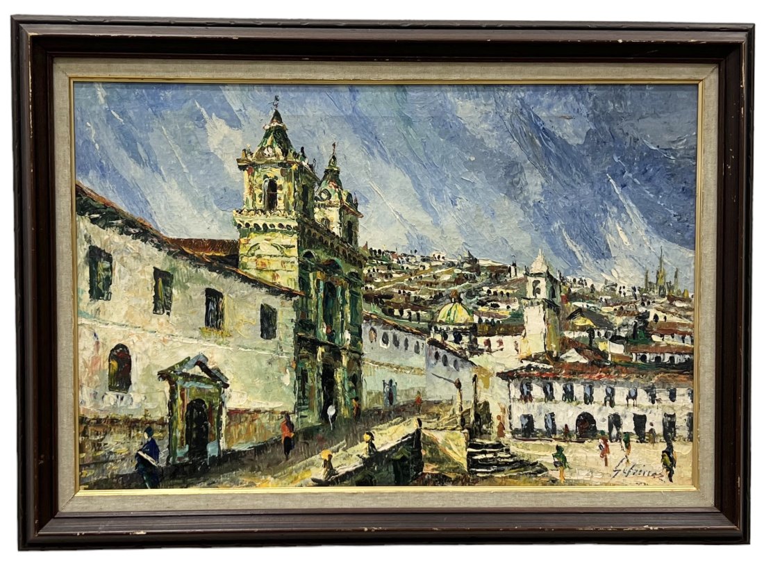 Vintage Impressionist Painting Of Quito Ecuador, Signed: Oil on canvas 25 x 16.5 in, 29 x 21 in (framed)