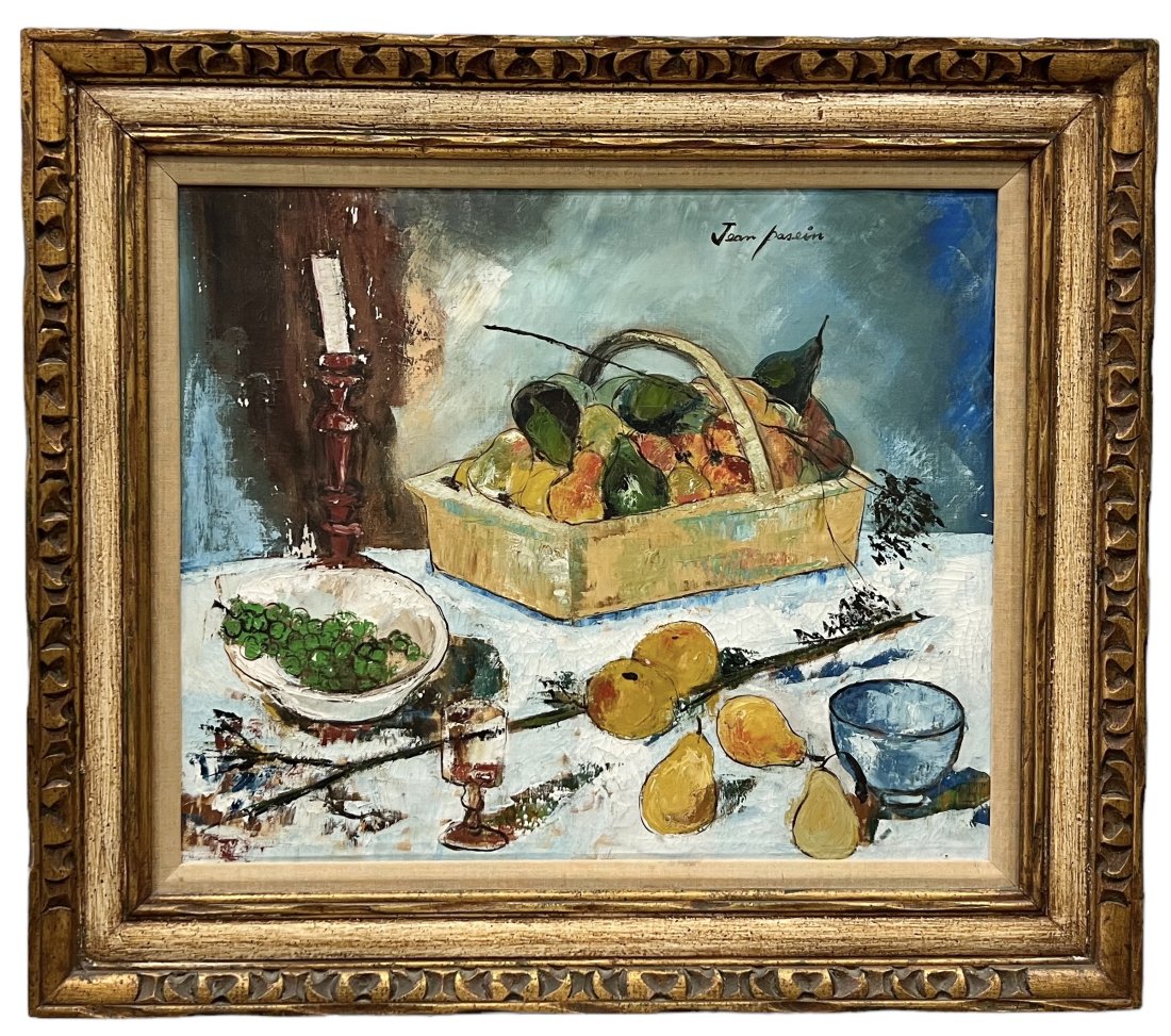 French Modernist Still Life Painting, Signed: Oil on canvas 26 x 20 in, 32 x 28 in (framed)