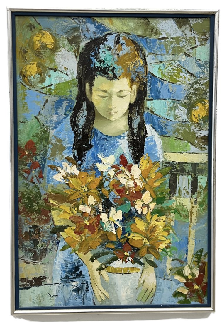 Asian Modernist Portrait Of Figure With Flowers, Signed: Oil on canvas 38 x 26 in (framed)