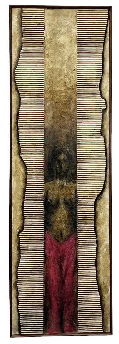 Vintage Modernist Mixed Media Painting On Canvas Signed Verso: 40 x 12 in