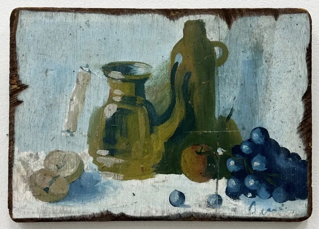 Vintage Modernist Still Life On Wood, Signed: Oil on wood 14 x 10 in