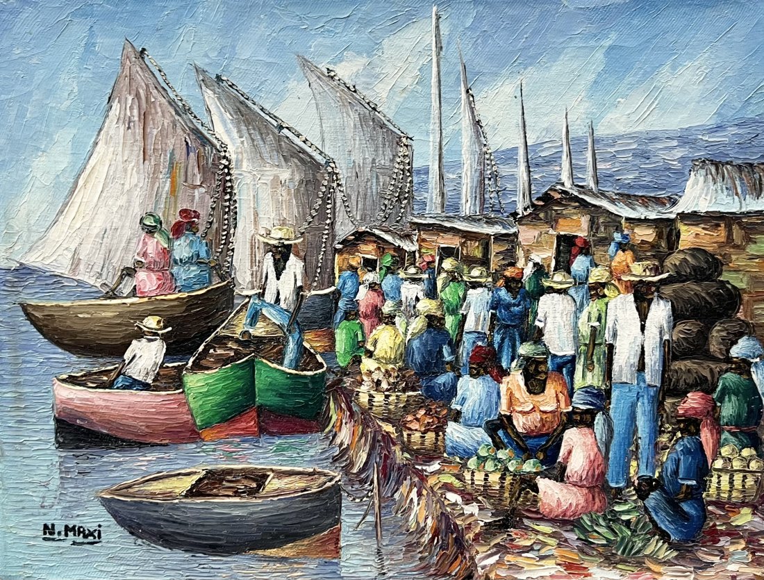 N. MAXI (20th c, Haiti) Harbor Scene: Oil on canvas 12 x 16 in