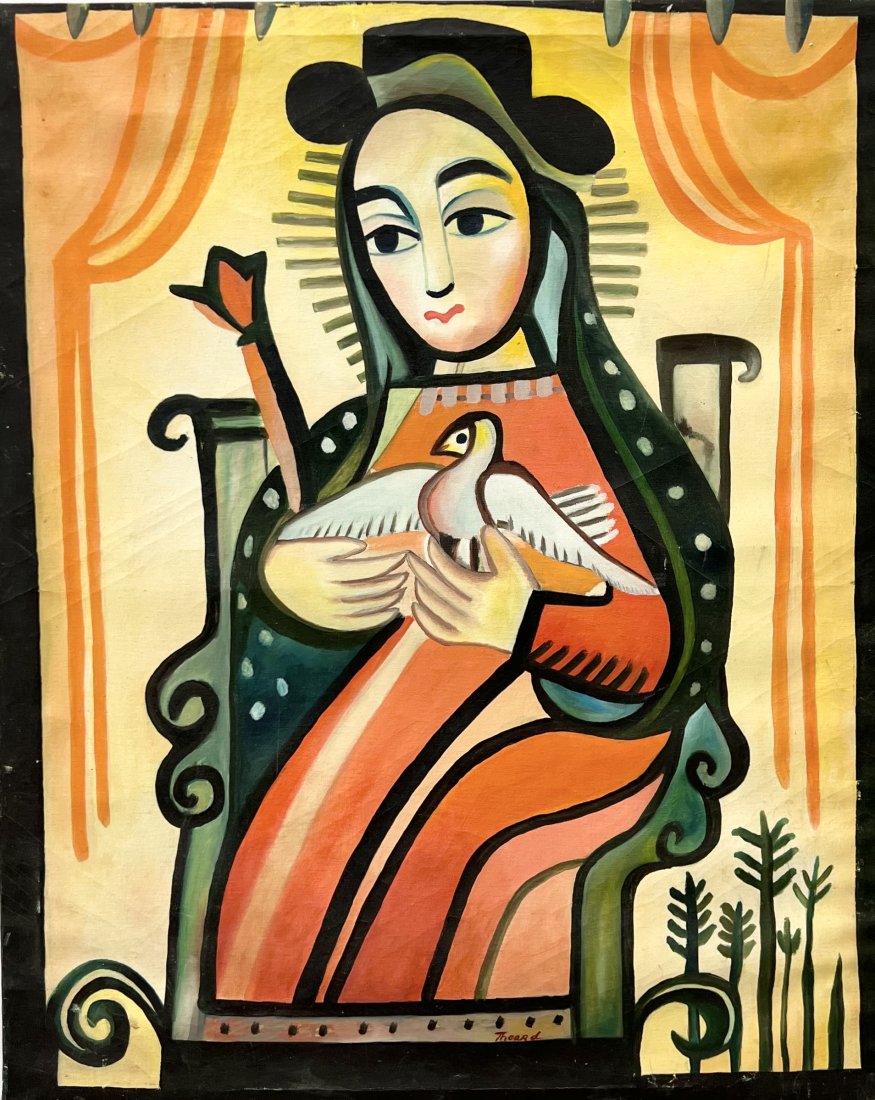 Haitian School Cubist Woman w/ Bird, Signed Theard: Oil on canvas 37 x 30 in.