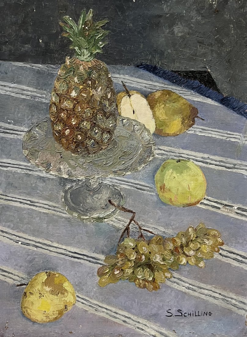 SUZANNE SCHILLING Mid-Century Still Life Pineapple Pears Grapes: Oil on canvas 18 x 24 in