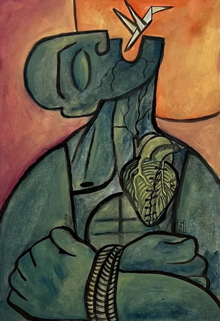 Mexican Cubist Painting: Mixed media on paper 11 x 8 in