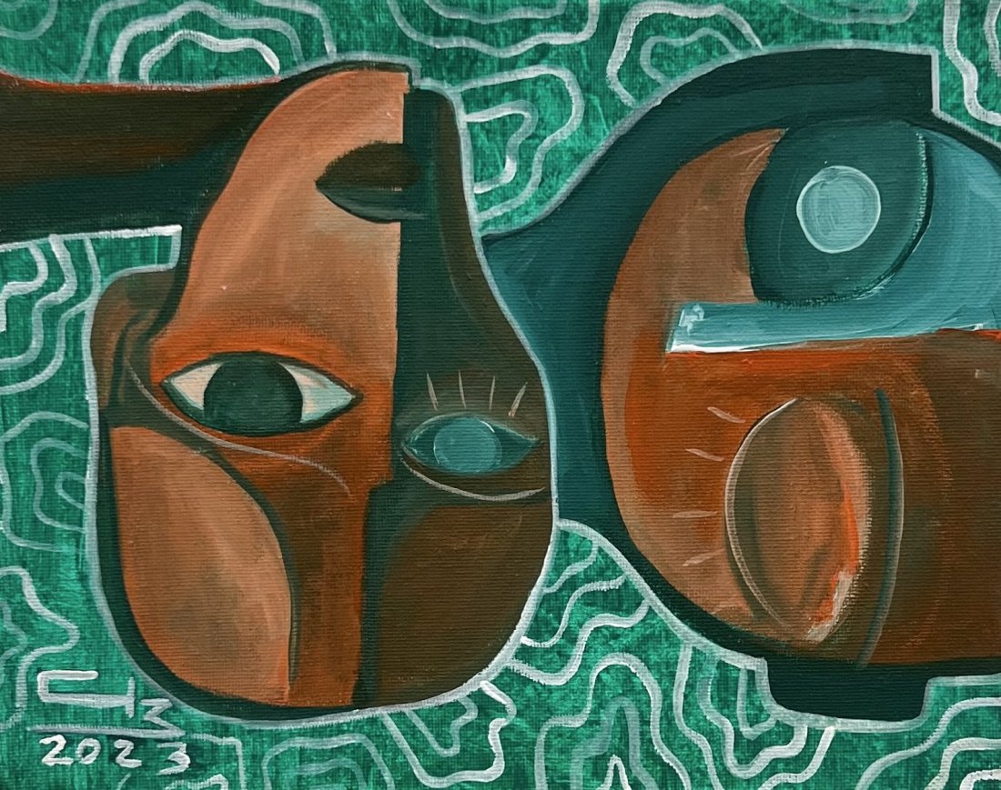 Mexican Cubist Abstract Painting: Acrylic on canvas 10 x 8 in
