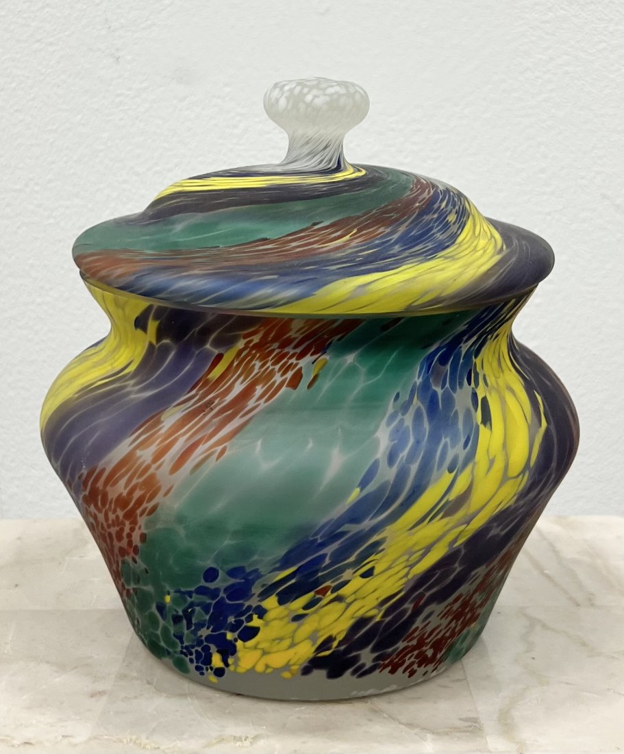 Vintage Frosted Art Glass Lidded Vase: 6 in