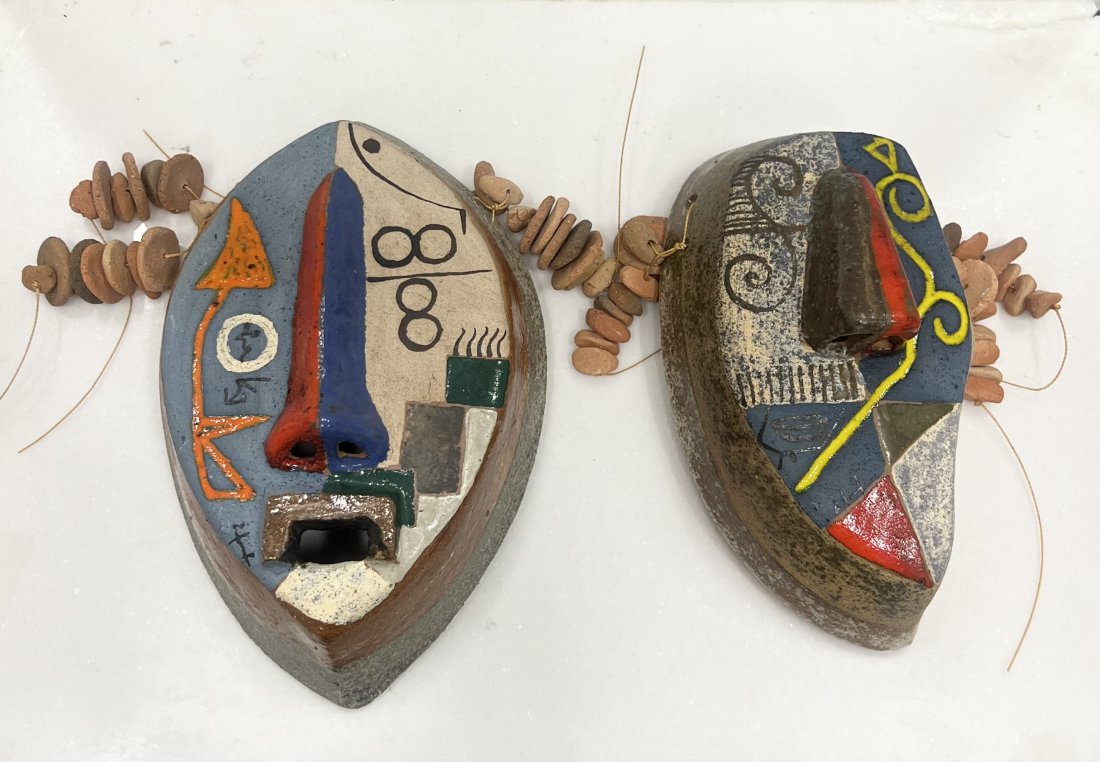 Pair Of Cubist Mexican Hand Painted Terra Cotta Decorative Masks: 9" largest