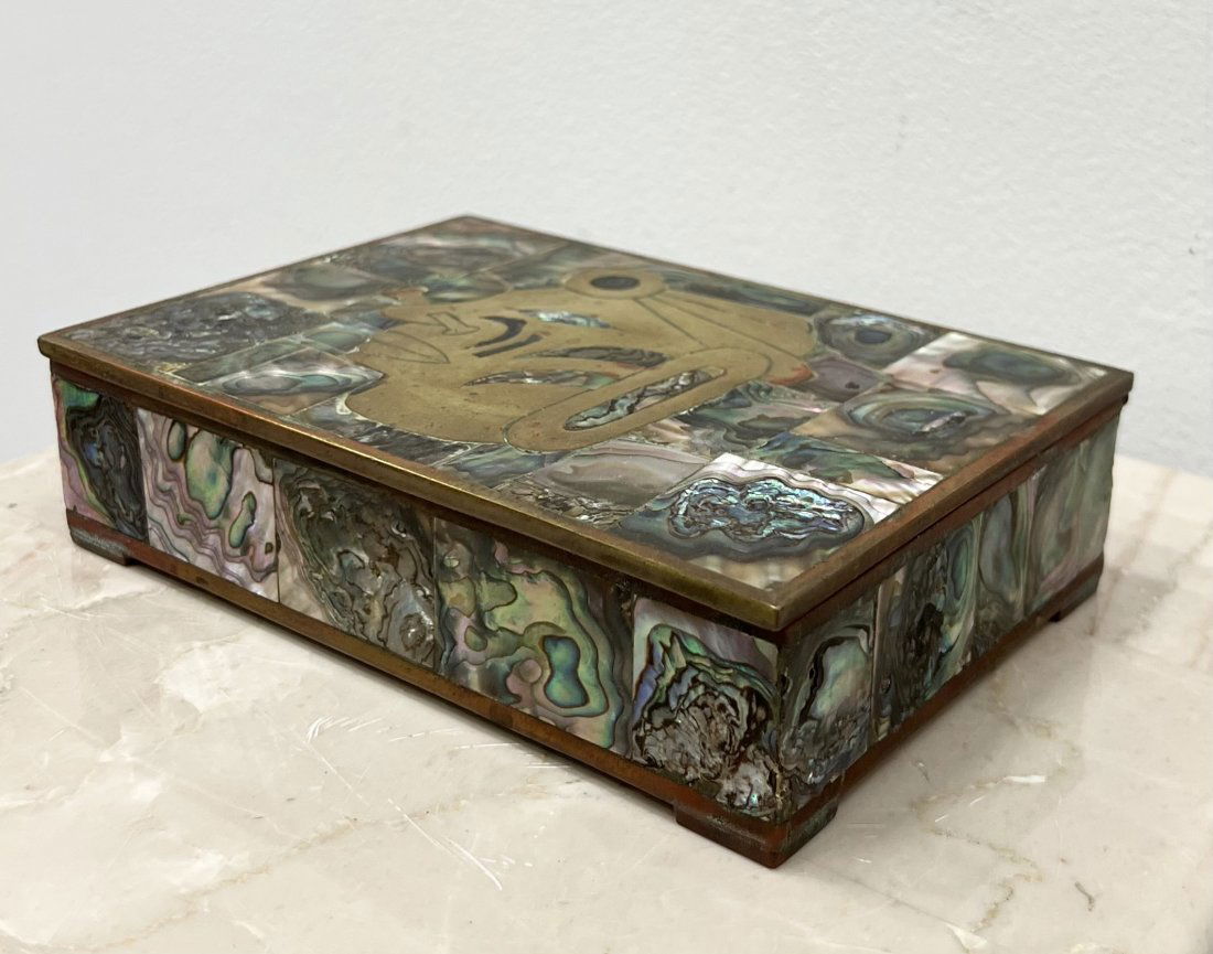 Vintage Mexican Inlaid Abalone & Brass Box Mayan Motif (1 of 5)
