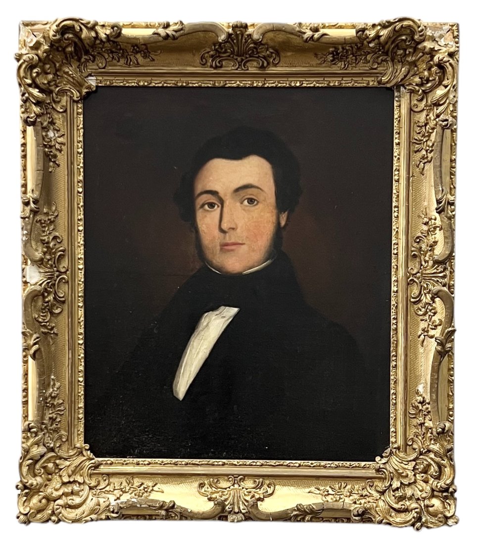 Antique American School Portrait Of A Gentleman: Oil on canvas 24 x 20 in, 31 x 27 in (framed)