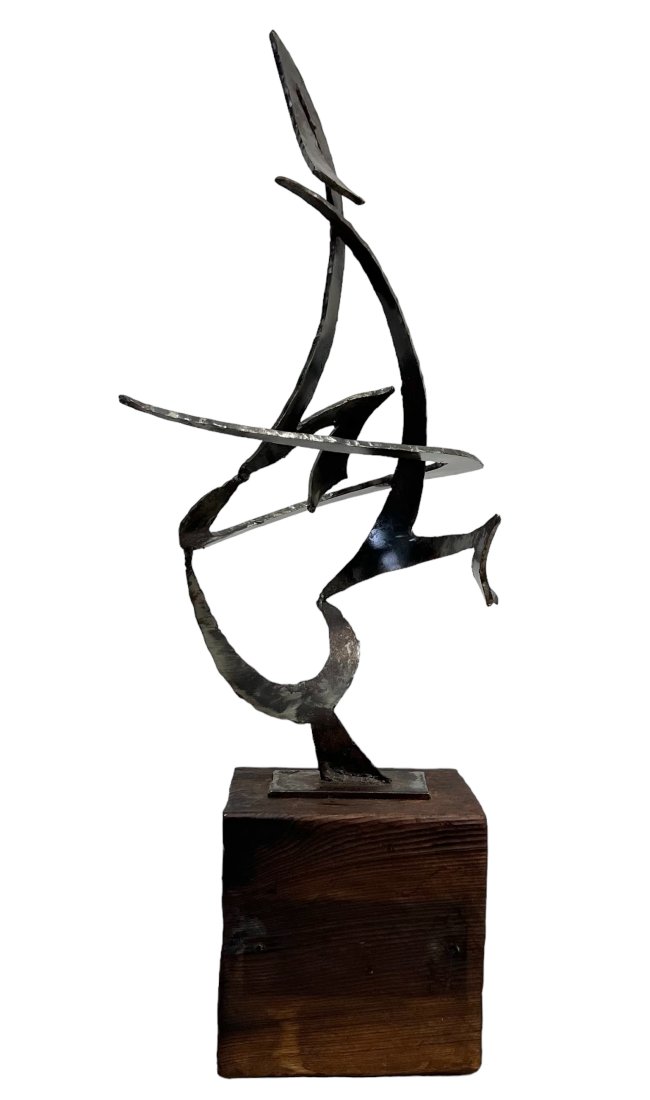Vintage 1960's Mexican Modernist Cut Steel Sculpture, Signed: Size 15 x 3.5 x 3.5 in