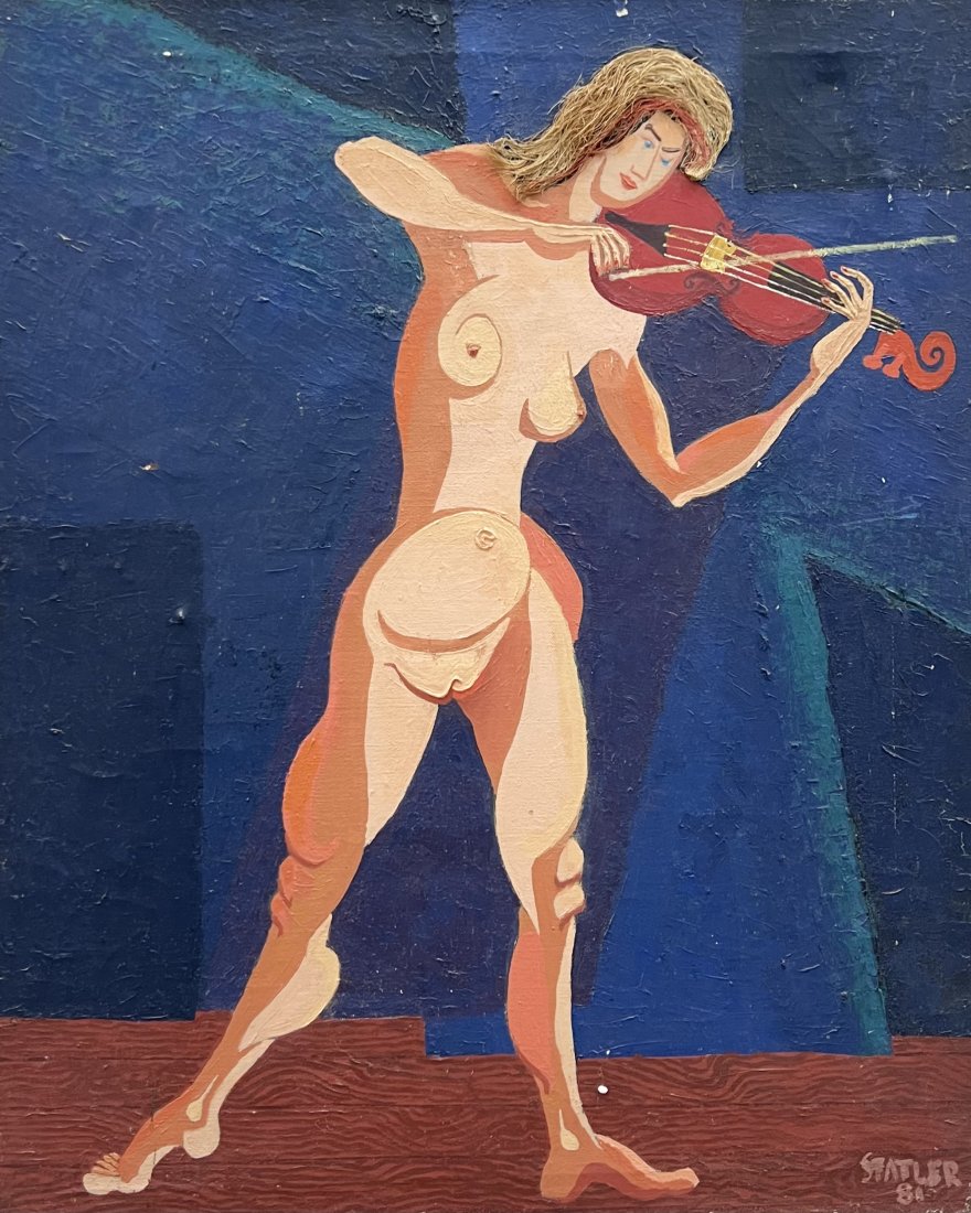 ALFRED STATLER (20th c, American) Nude Musician: Oil and mixed media on canvas 30 x 24 in