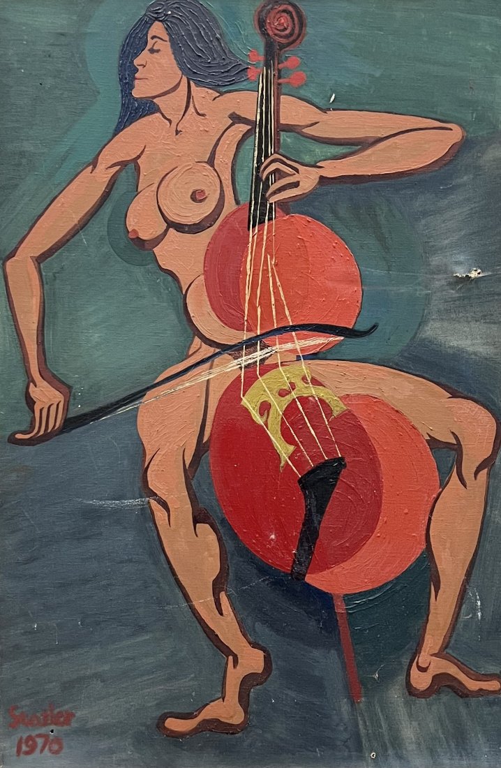 ALFRED STATLER (20th c, American) Nude Musician: Oil on canvas 30 x 20 in