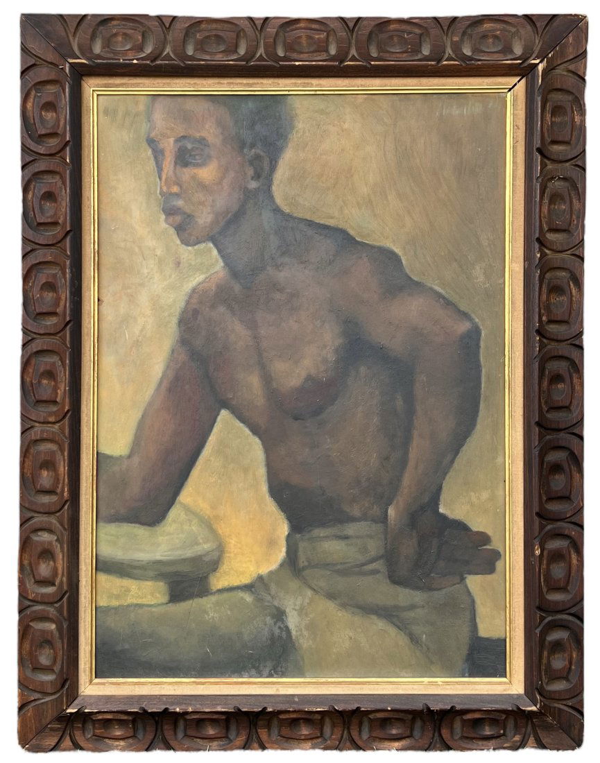 Mid-Century Modernist Black Shirtless Male Portrait, Signed Illegibly (1 of 4)