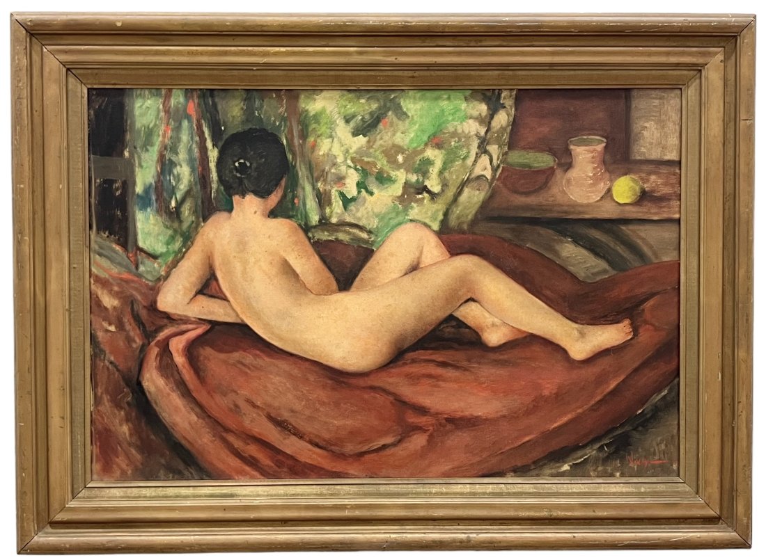 Vintage Modernist Reclining Nude Painting, Signed: Oil on canvas 36 x 24 in, 44.5 x 32.5 in (framed)