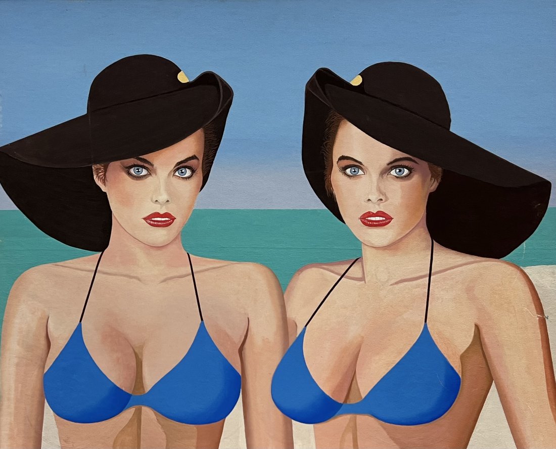 Vintage Double Portrait Of Pretty Women In Bathing Suits Florida Beach, Unsigned: Acrylic on board, 24 x 30 in.