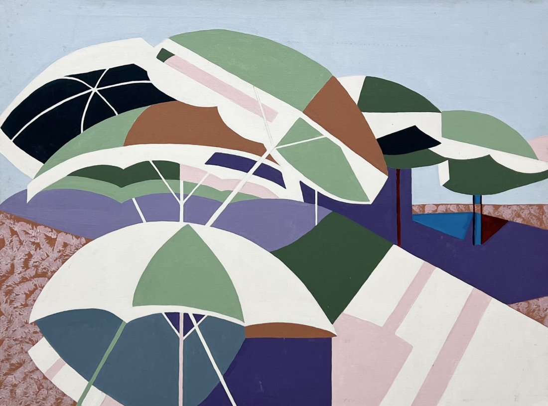 Hard Edge Post Modernist Painting Umbrellas At The Beach, Unsigned (1 of 3)