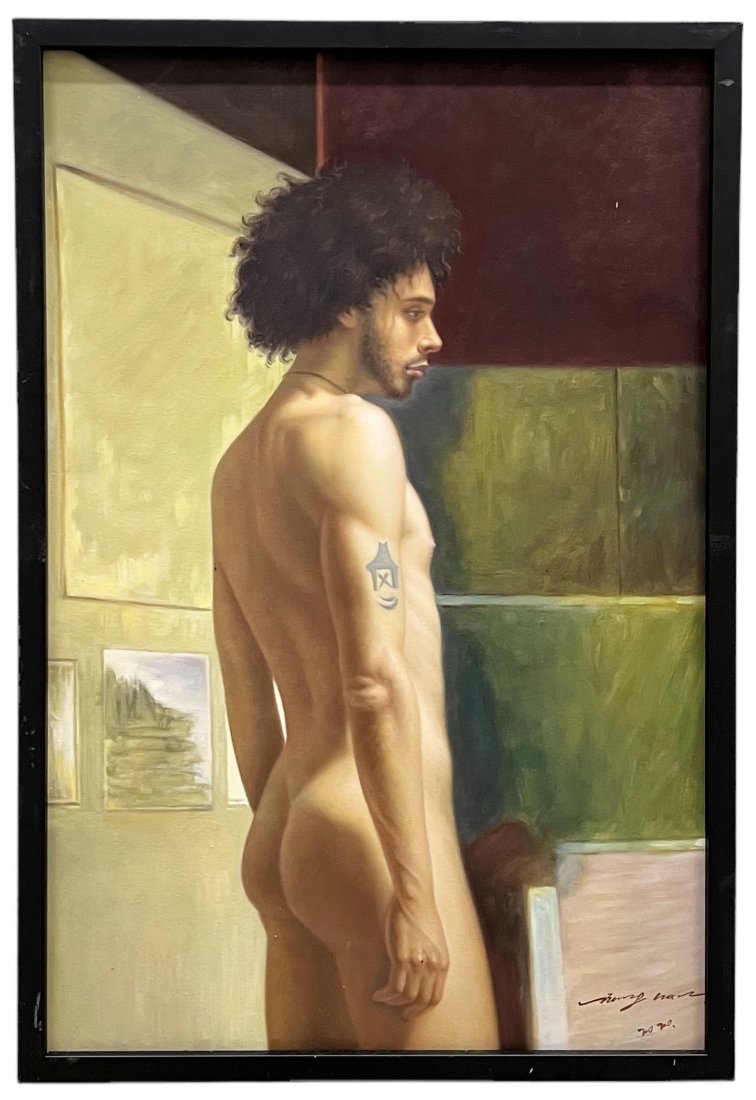 Contemporary Realism Black Male Nude Interior Scene Painting Signed: 36 x 24 in, 38 x 26 in (framed)