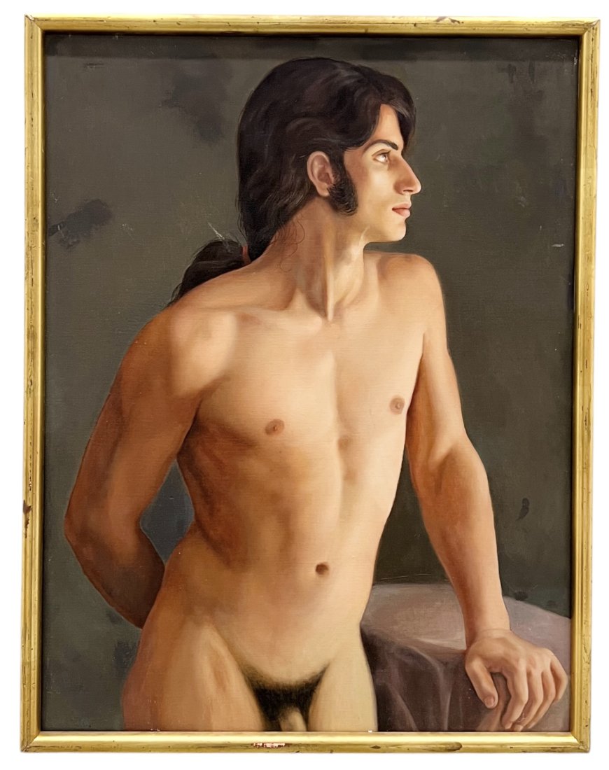 Male Nude Painting Of A Handsome Man, Unsigned: Oil on canvas 32 x 24.5 in, 33.5 x 26 in (framed)