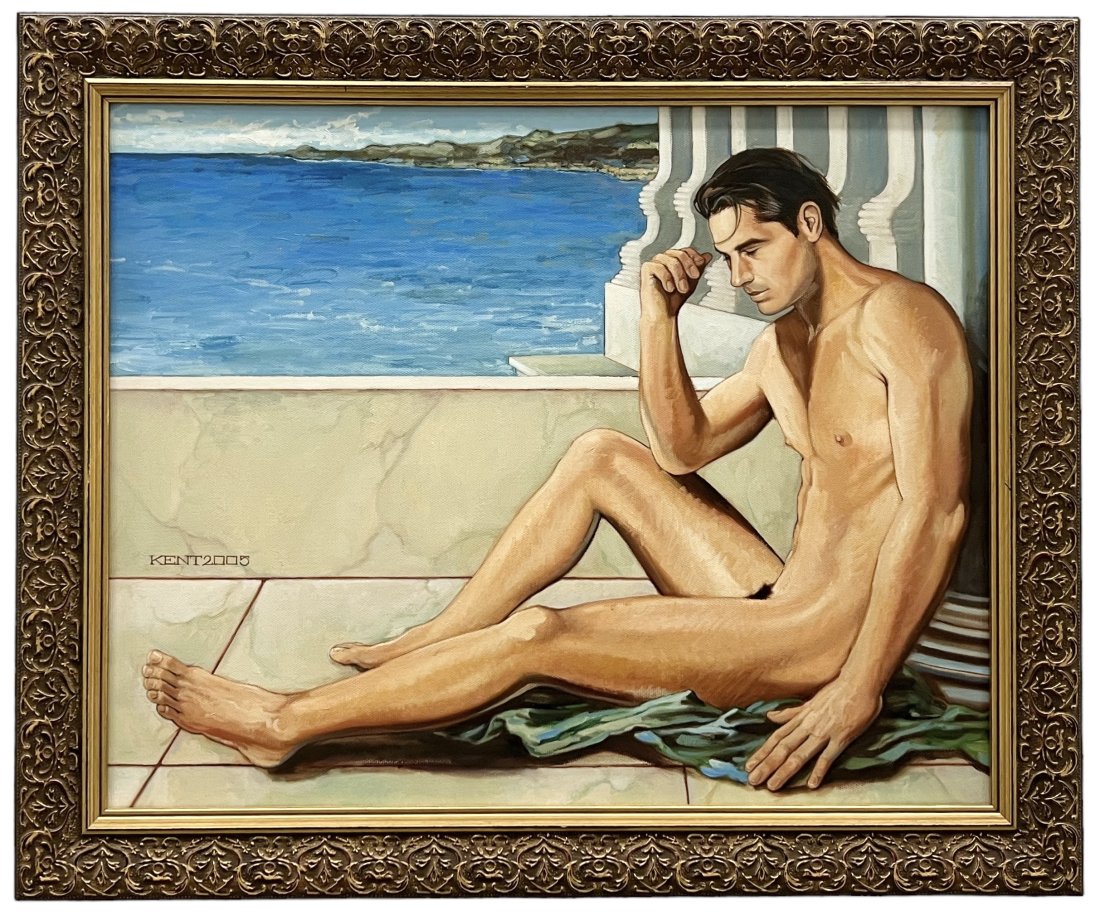 Male Nude Painting Of A Handsome Man, Signed: Acrylic on canvas 20 x 16 in, 23.5 x 19.5 in (framed)