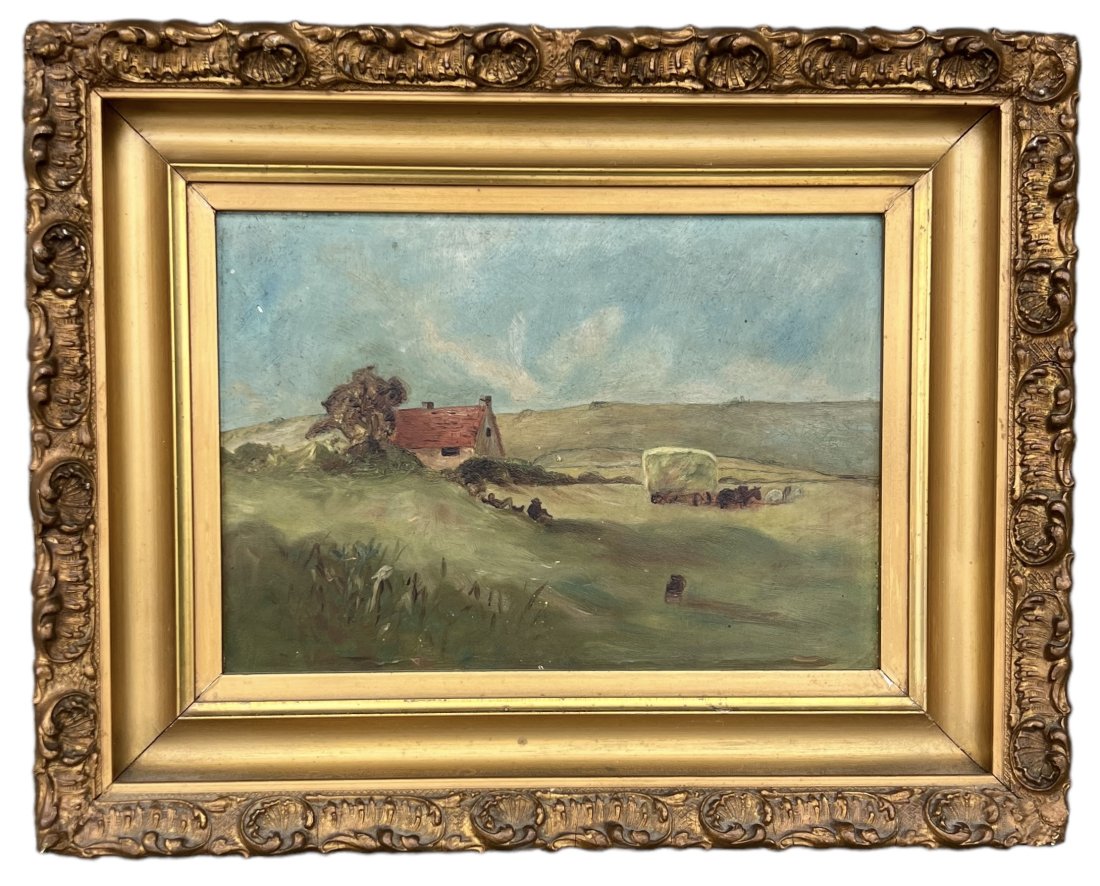 Antique English Impressionist Landscape: Oil on wood 14 x 11 in (framed)