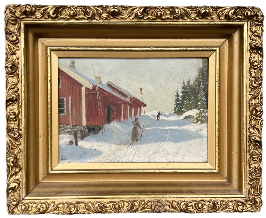 Antique Winter Landscape Of Skier's, Signed (1 of 4)